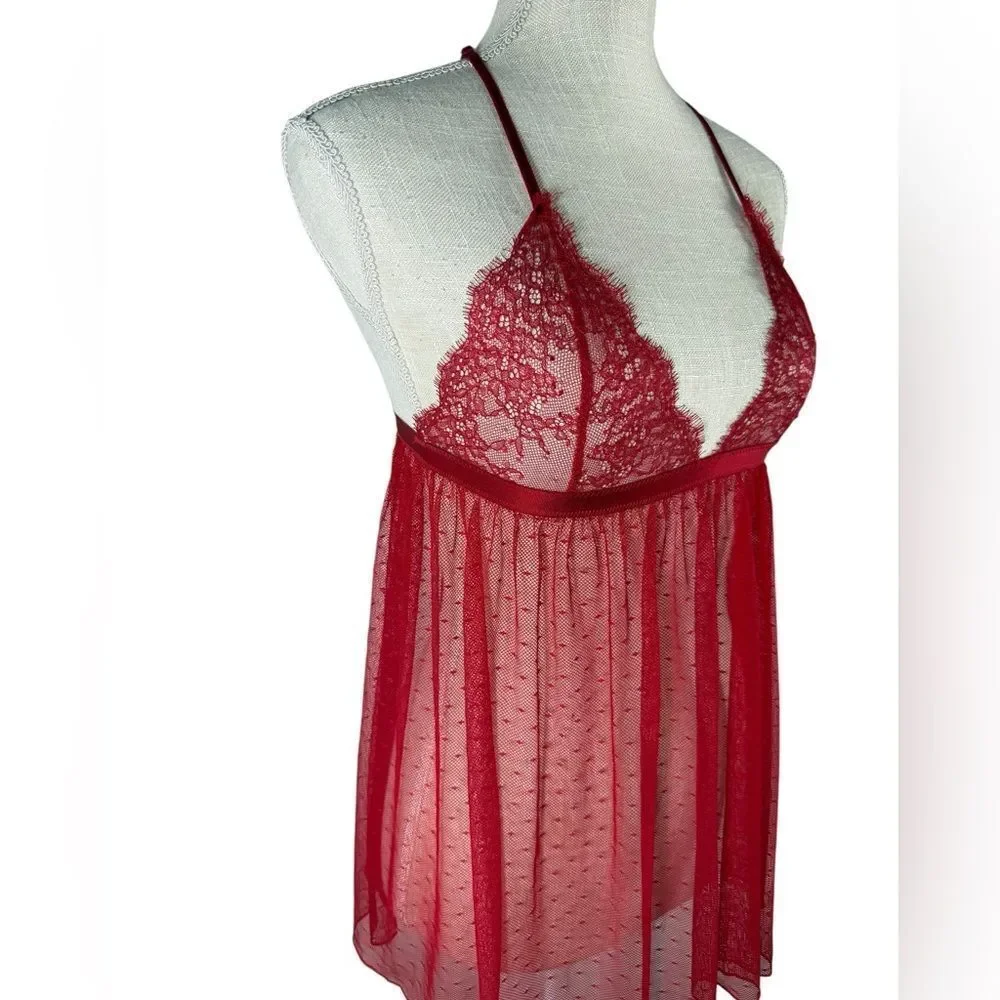Victoria's Secret Red All Over Lace Mesh Babydoll Chemise Lingerie Dress